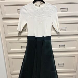 Ted Baker White Knit Top with Dark Green Satin Midi Skirt